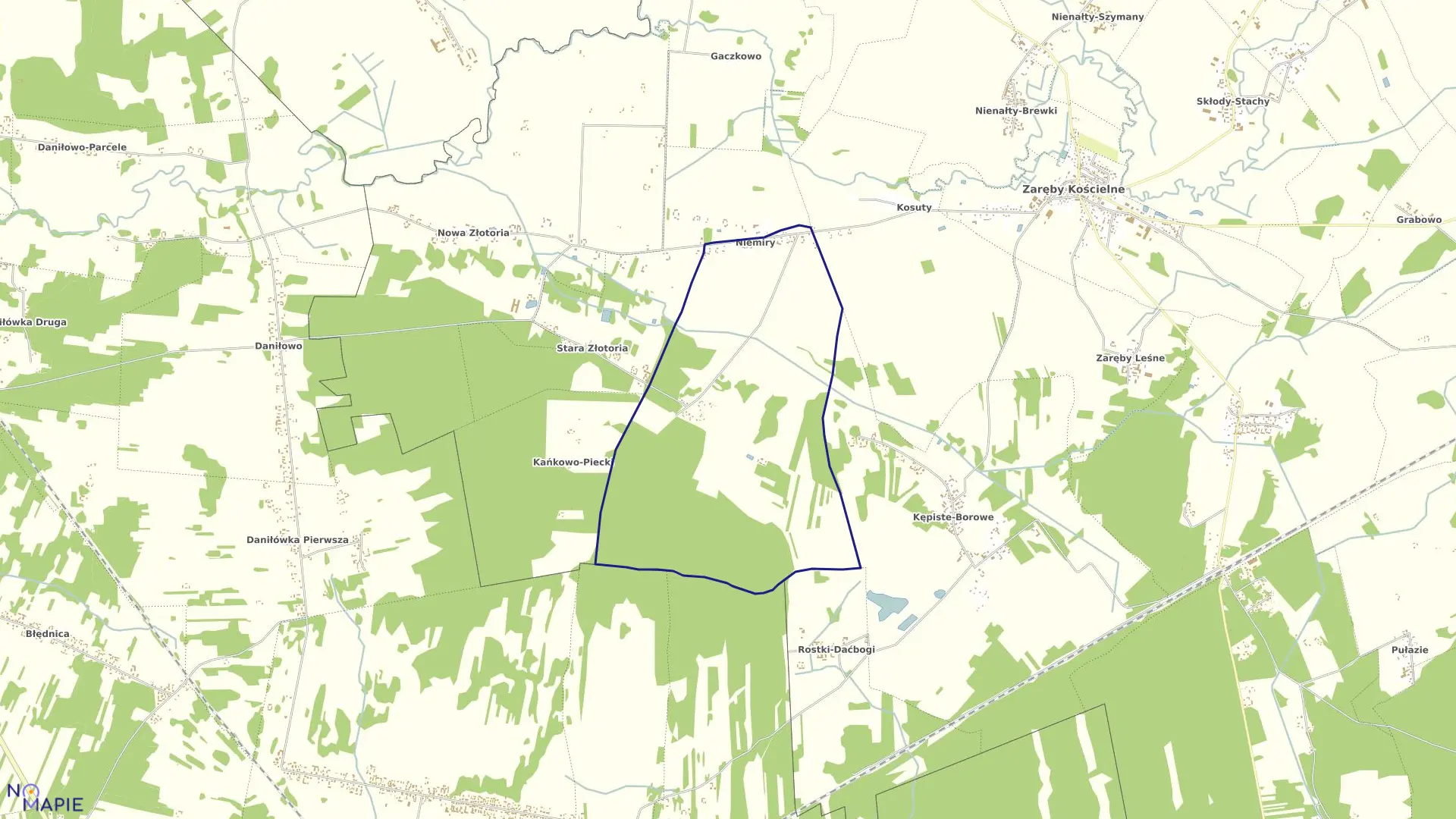 Mapa obrębu Niemiry w gminie Zaręby Kościelne