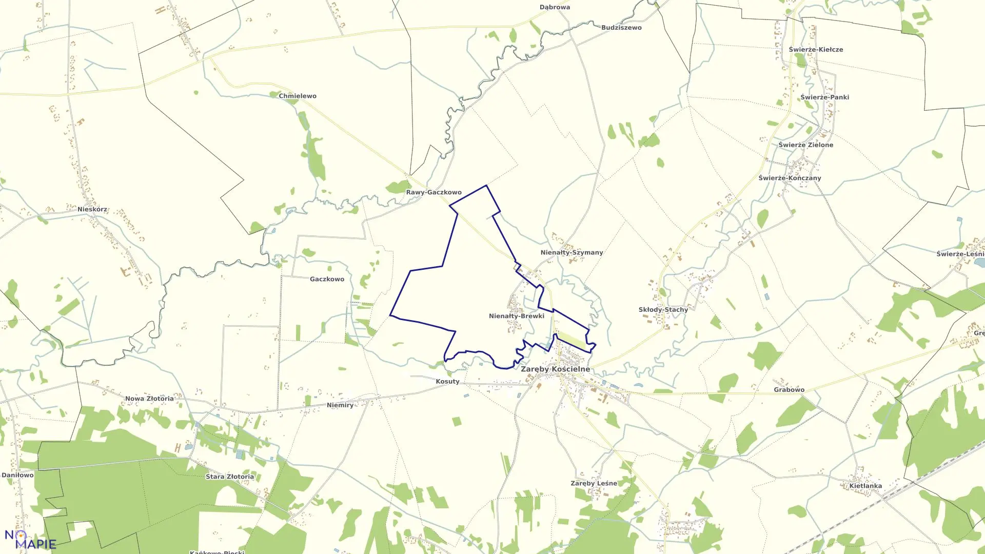 Mapa obrębu Nienałty-Brewki w gminie Zaręby Kościelne