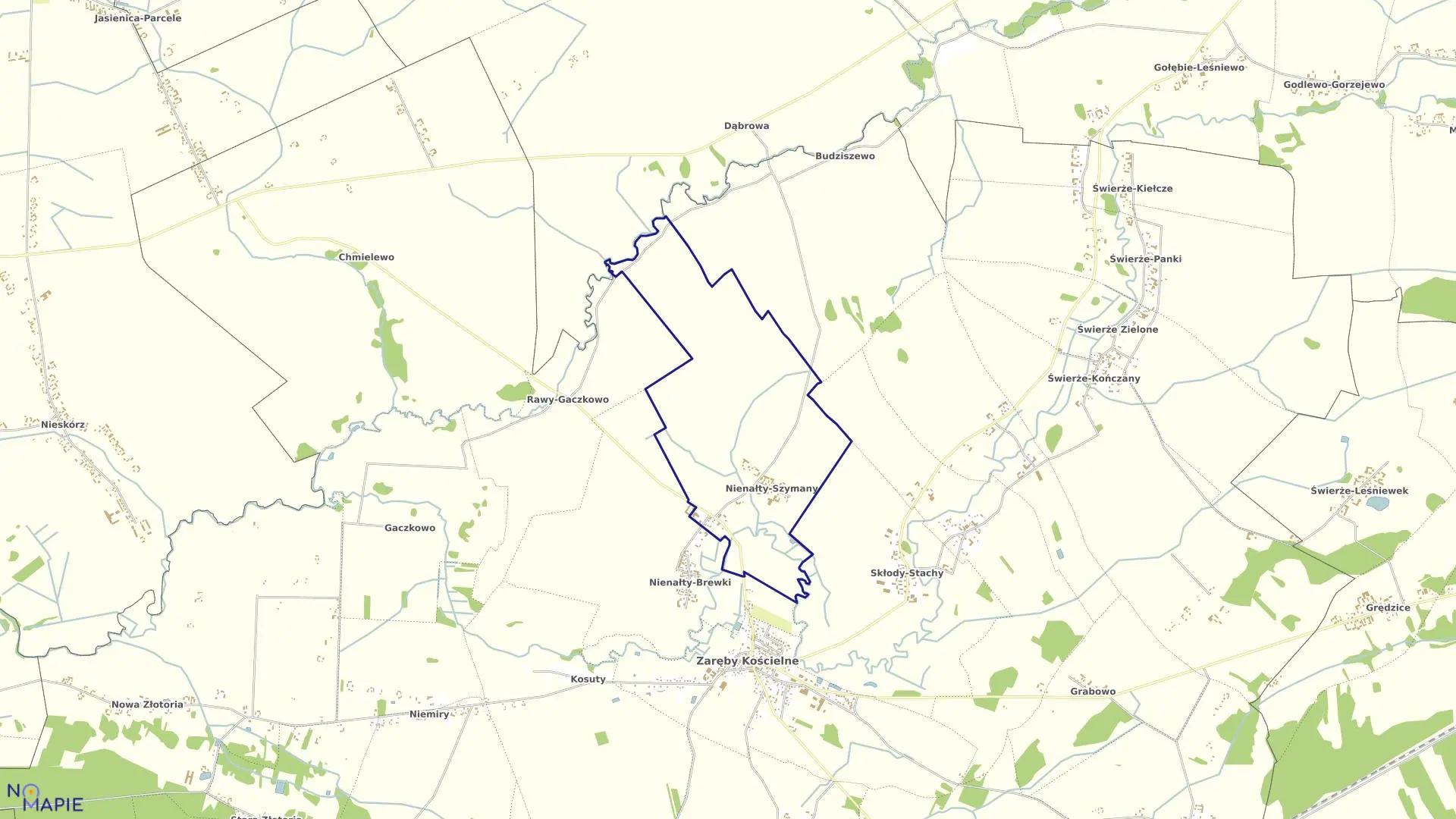 Mapa obrębu Nienałty-Szymany w gminie Zaręby Kościelne