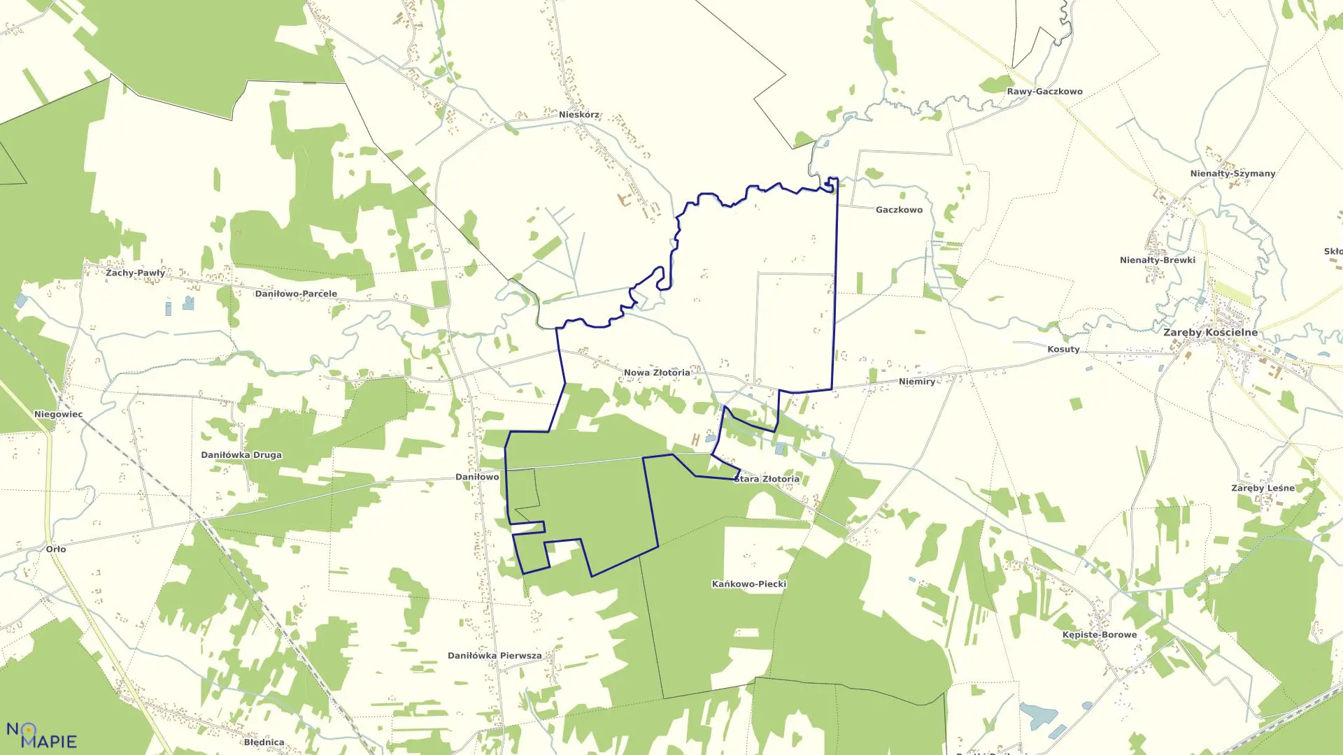 Mapa obrębu Nowa Złotoria w gminie Zaręby Kościelne