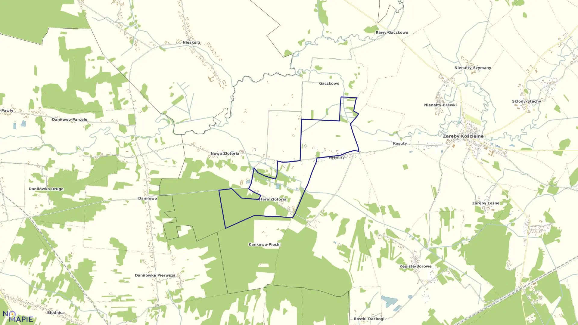 Mapa obrębu Stara Złotoria w gminie Zaręby Kościelne