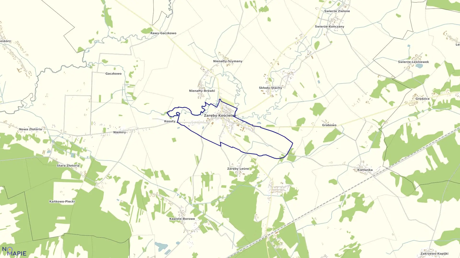 Mapa obrębu Zaręby Kościelne w gminie Zaręby Kościelne